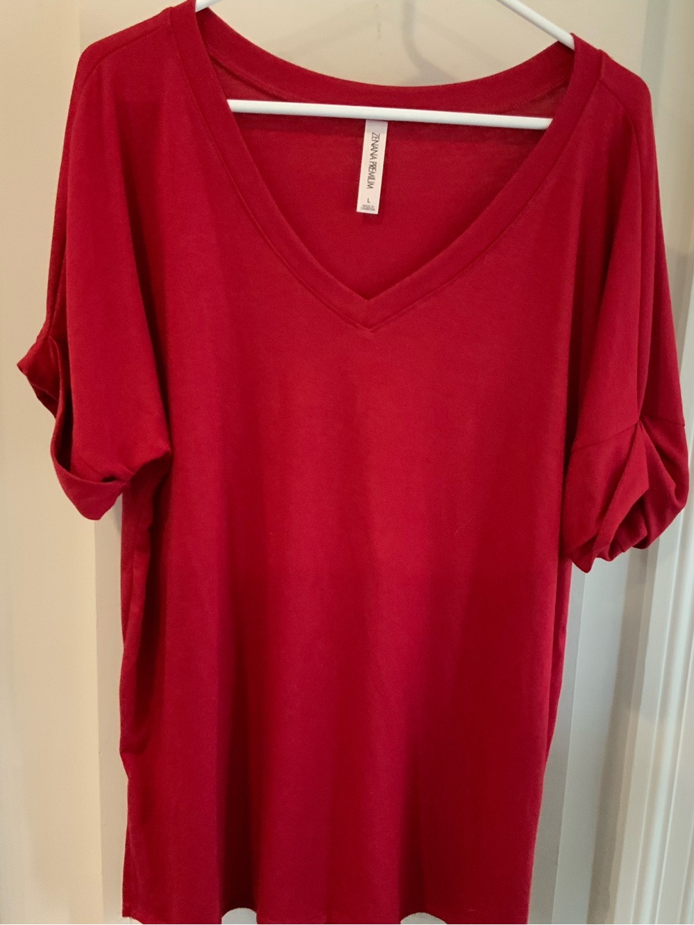 Zenana Outfitters V-Neck Dolman Sleeve Top in Red oversized large. SKU 3156